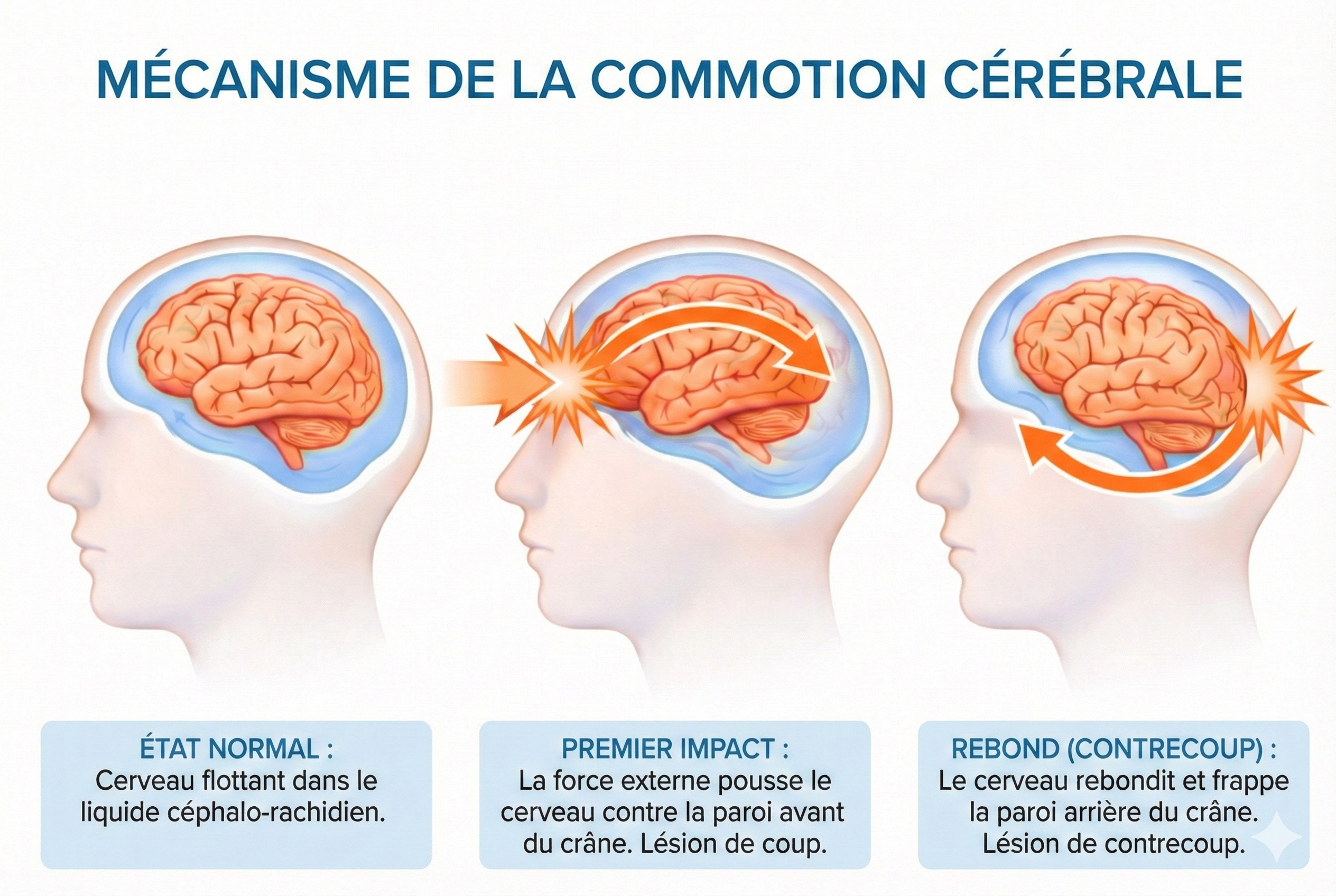 Mécanisme de la commotion cérébrale : état normal, premier impact (coup) et rebond (contrecoup)